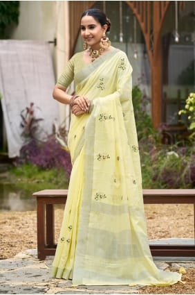 Sari en lin jaune avec motif tissé SR29913