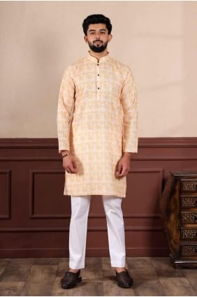 yellow men kurta with digital print linen KURR489