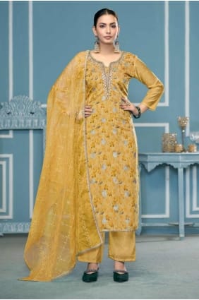 tailleur pantalon droit brodé en organza jaune avec dupatta SK155340