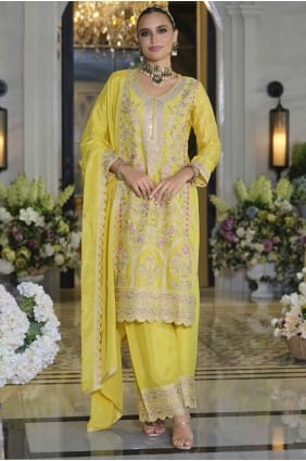Ensemble palazzo jaune en mousseline brodée PZ4221