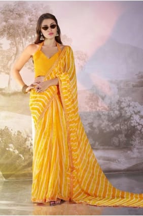 Sari en georgette de dentelle imprimée jaune SR28154