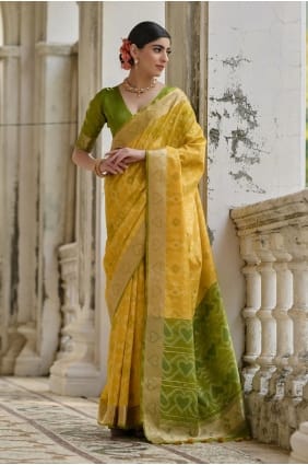 Sari jaune Resham en soie brute SR29250