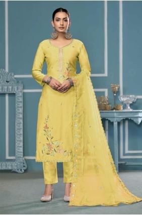 Salwar Kameez jaune en coton brodé SK155355