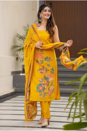 Salwar Kameez imprimé en soie jaune SK155885