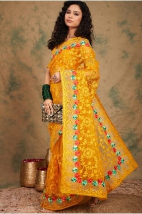 Sari jaune en filet brodé SR29273