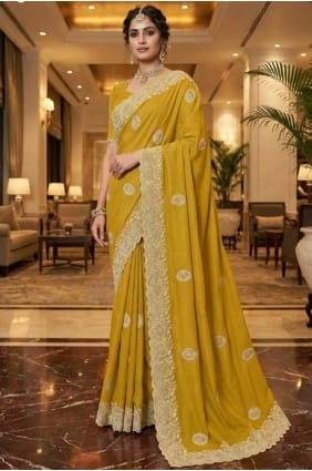 Sari en soie jaune brodé SR29637