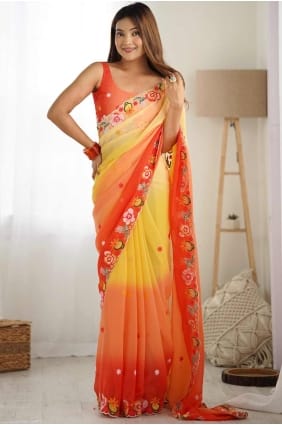 sari jaune en georgette avec broderie SR28386