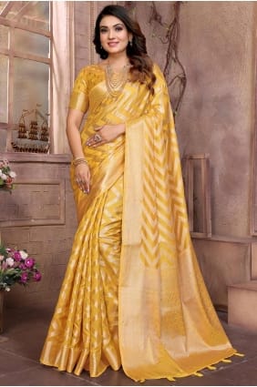 sari jaune en organza avec tissage SR28109