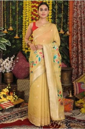 Sari en lin jaune avec tissage SR28884