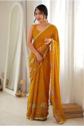 Sari jaune en georgette avec broderie SR30262