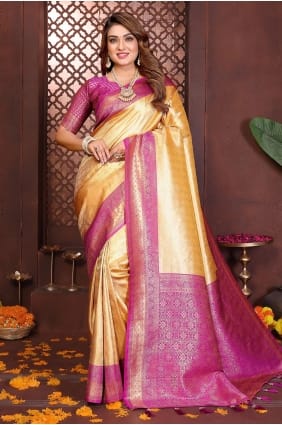 Sari en soie de Banaras tissée jaune SR29753