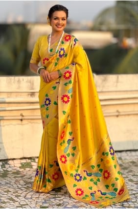 Sari en soie jaune tissée SR29517