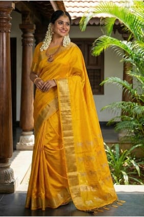 Sari en soie jaune imprimée zari avec blouse assortie SR29878