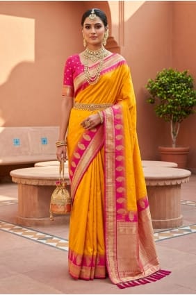 Sari jaune en soie zari avec chemisier assorti SR30129