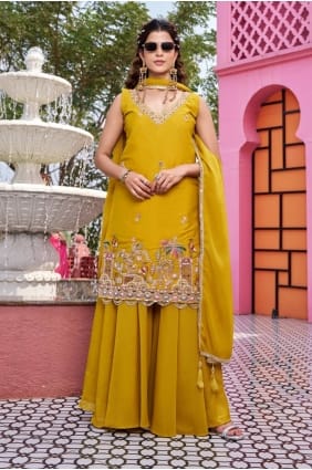 Ensemble Sharara jaune en georgette brodée avec dupatta SS1316