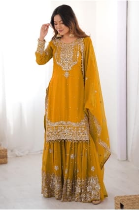 Ensemble Sharara jaune en fausse georgette couleur pierre avec motifs SS1293