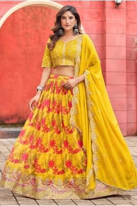 Lehenga choli en soie imprimée jaune avec dupatta LC8682