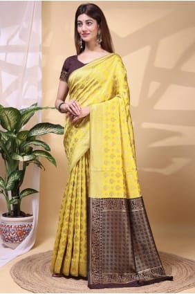 Sari en soie tissée jaune SR29444