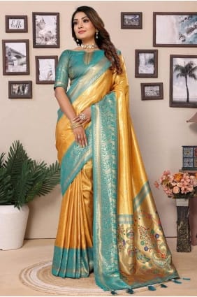 sari tissé jaune en soie de Banaras SR28338
