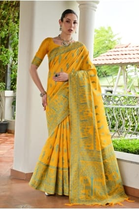 Sari en soie de Bangalore tissée jaune SR29896