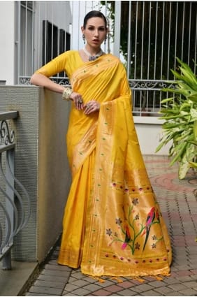 Sari en soie Banarasi bleu royal et jaune avec zari SR29646