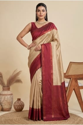 Sari en soie grège Zari Banarasi beige SR30151