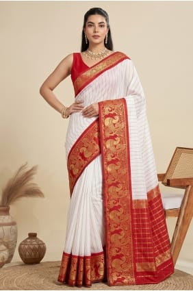 Sari en soie brute blanche de Banaras avec zari SR30155