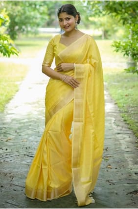 Sari jaune en soie brute Banarasi Zari SR29254