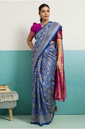 Saree en soie Banarasi en bleu avec Zari SR29733