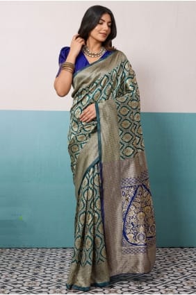 Zari Saree en soie Banarasi Bleu Sarcelle SR29732