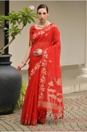Sari en lin rouge avec broderies zari SR29605