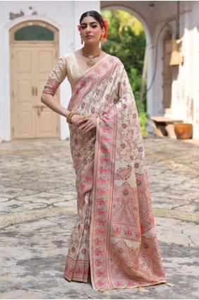 Sari en pashmina crème zari SR29666