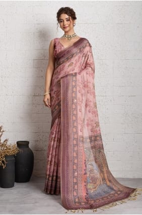 Sari en lin rose imprimé avec zari SR30168