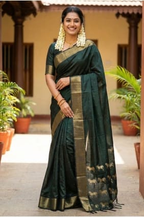 Sari en soie imprimée Zari vert bouteille SR29876