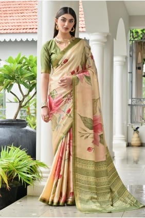 Sari beige en satin imprimé avec zari SR29770
