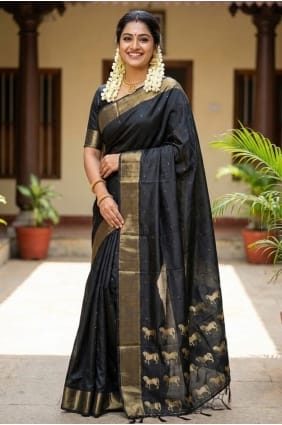 Sari en soie imprimée Zari noir pour femme SR29874
