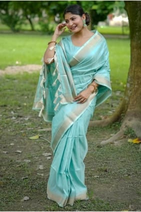 Sari en soie brute Zari Banarasi en bleu ciel SR29253