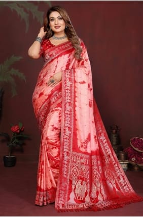 Sari rouge en satin orné de broderies zari SR29859