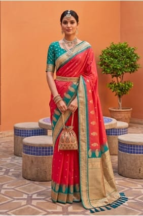 Sari rose carotte en soie avec zari SR30123