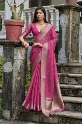 Sari en soie zari rose SR29303