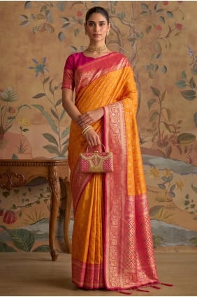 Sari en soie avec broderie zari, couleur moutarde SR30337