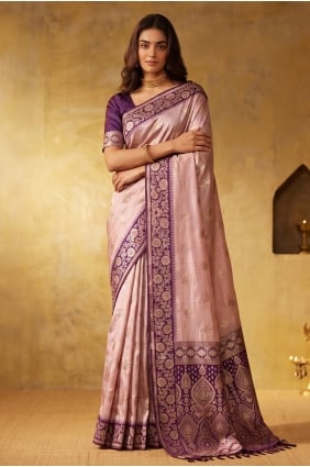Sari en soie tissée Zari rose SR30330