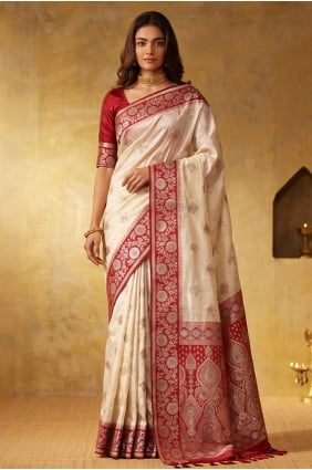 Sari blanc en soie avec tissage zari SR30328