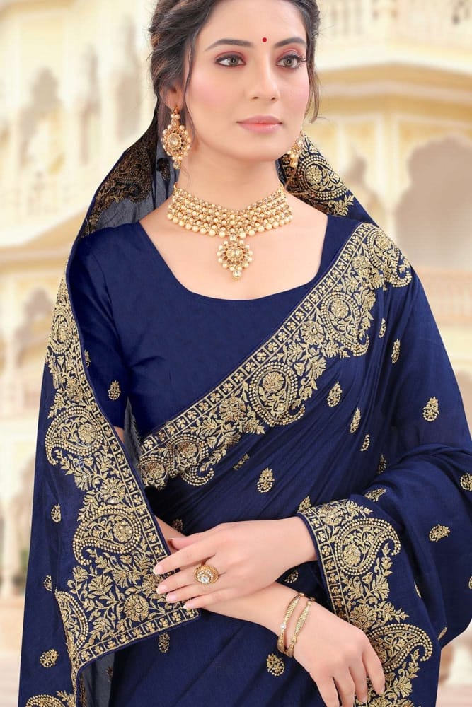 Sari Neuf En Mousseline De Soie Bleu Marine – Lourdement Perlé, Séquence Zari Multicolore – Sans étiquettes